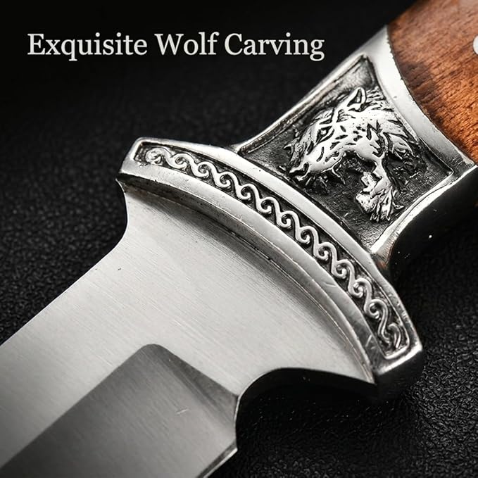 12 Fixed Blade Outdoor Knife with Nylon Sheath 6.3 9Cr18 Stainless Steel Full Tang Hunting Knife Ergonomic Solid Wood Handle with Wolf Head Relief Guard for Camping Survival &amp Fishing