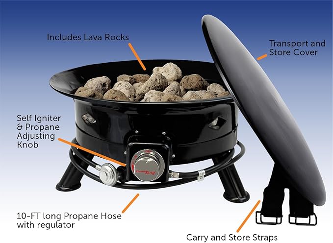 Flame King Smokeless Propane Fire Pit 24-inch Portable Firebowl 58K BTU with Self Igniter Cover &amp Carry Straps for RV Camping &amp Outdoor Living