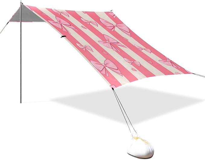 ALAZA Pink Striped Background Bow Pattern Beach Tent Sun Shelter Portable Canopy Sunshade for Outdoor Camping Picnics Backyard Fun 10x9 ft