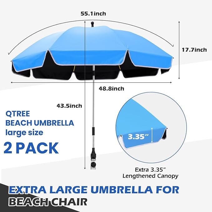 Umbrella 360°Adjustable Protection Stroller 2 PACK 48.8 beach chair umbrella with clamp high UV protection. 3 Adjustable areas 180°+360° for fishing golf beach camping (chair not included)