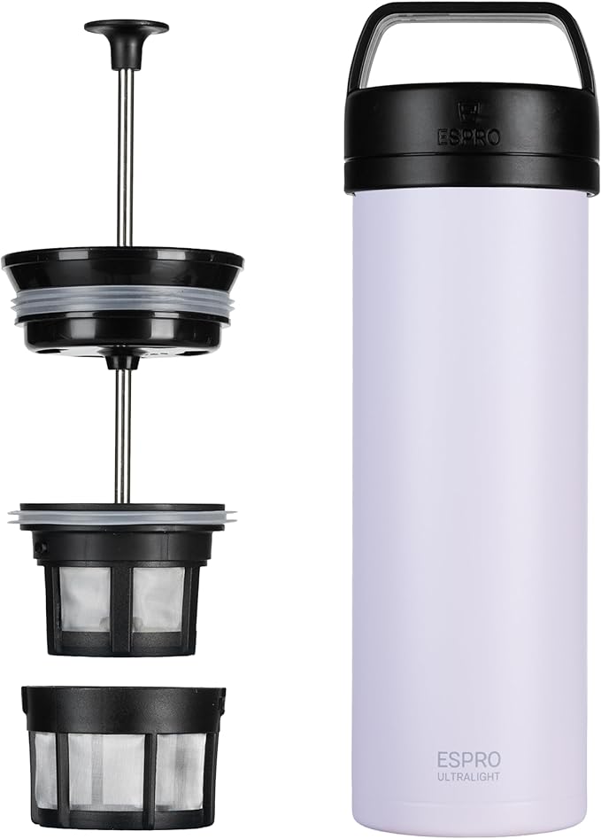 ESPRO Go P0 Ultralight French Press Coffee Maker for Travel Vacuum Insulated Stainless Steel 16 Ounces Light Pink