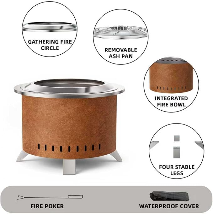 Verdeluxe Smokeless Fire Pit22 Inch Stainless Steel Firepit Outdoor Wood Burning Fire Pit with CoverSmokeless Firepits for Outside Backyard Patio Garden Camping(Rusty)