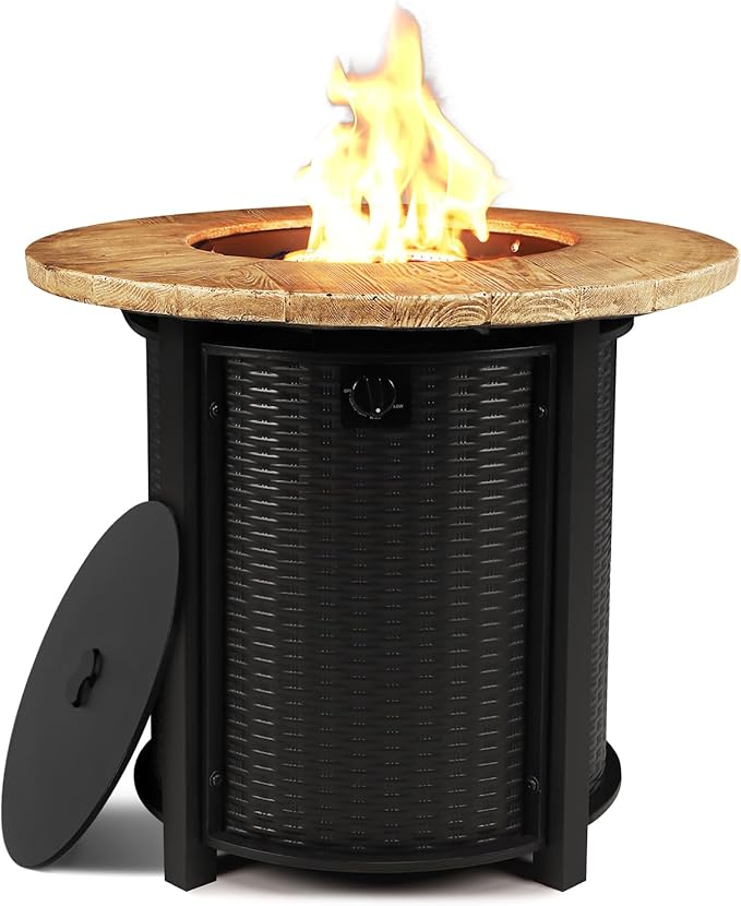 30 Inch Round Propane Fire Pit50000 BTU Iron Gas Firepit with Ignition Systemsw/LidGlass StonesOutdoor Fire Table for Outside PatioDeck-Black