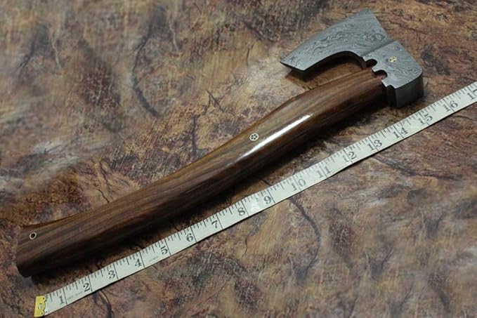 Damascus Steel Tomahawk Axe Bearded Hiking Battle axe17 Inches Long Hand Forged with Rose Wood Round Handle Large 5 Cutting Edge Thick Cow Hide Leather Sheath