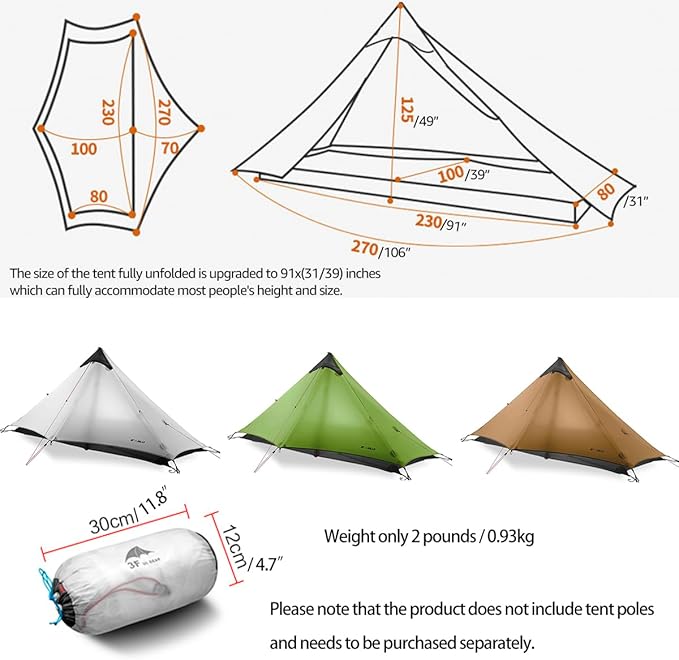 3F UL Gear Lanshan1 Ultralight Tent 3/4 Season Portable Backpacking Tent for 1-Person 15D Silicon Coated Waterproof Poleless Double Layer Tent for Camping Climbing Hiking