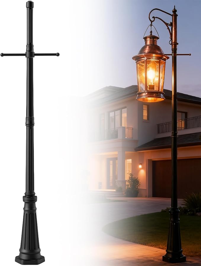 76 Black Cast Aluminum Lamp Post | with Crossbars &amp 2.36 Fitter Cap | Fits Threaded &amp Non-Threaded Lights | for Porch Yard Garden Driveway