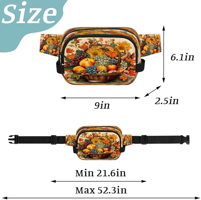 Fruit Basket Apples Grapes Sunflowers Waterproof Fanny Pack for Women Men Adjustable Waist Bag with Double Zipper Pockets Lightweight Square Hip Pack for Running Travel Hiking Workout Cycling