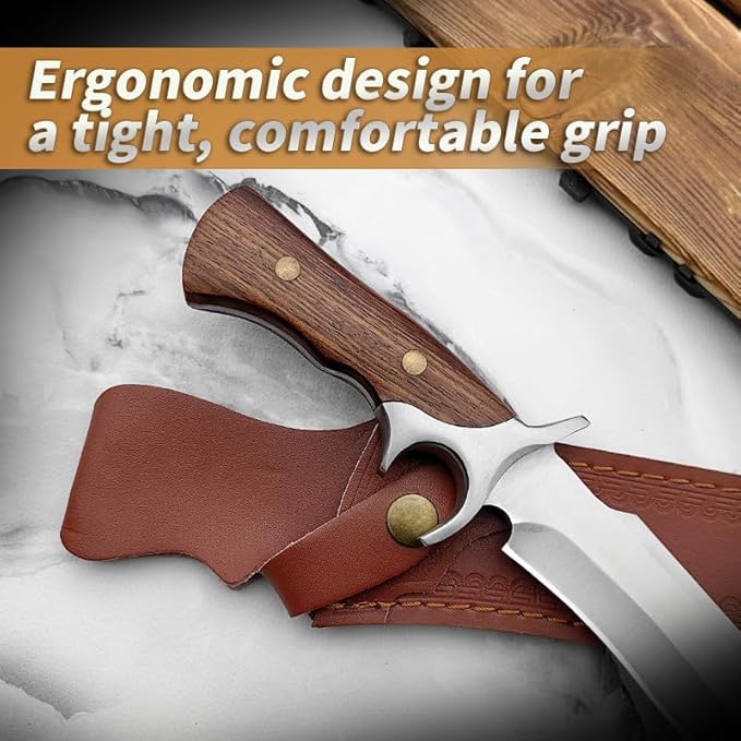 12.2 Fixed Blade Outdoor Knife 9Cr18 Stainless Steel Hunting Knife with Damascus Pattern Ergonomic Wood Handle &amp Embossed Leather Sheath Survival Utility Tool for Camping Hiking &amp Fishing