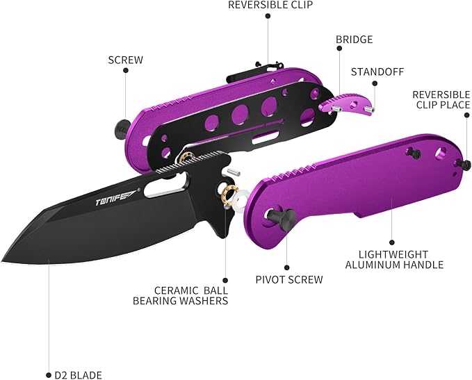 TONIFE Galaxy EDC Folding Pocket Knife with D2 Steel Blade and Aluminum Handle Compact Outdoor Tool for Camping and Everyday Carry (Purple)