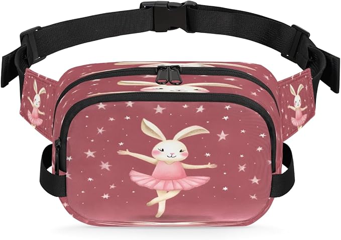 Rabbit Ballet Waterproof Fanny Pack for Women Men Adjustable Waist Bag with Double Zipper Pockets Lightweight Square Hip Pack for Running Travel Hiking Workout Cycling