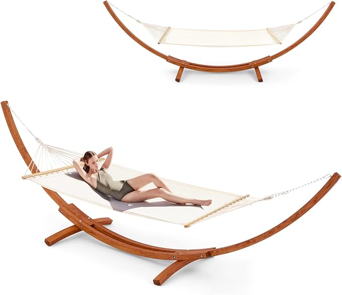 ECOTOUGE 12 FT Hammock with Stand Single Person Heavy Duty Hammock Stand Large Hammock Bed for Porch Patio Balcony Garden Backyard White-Yellow