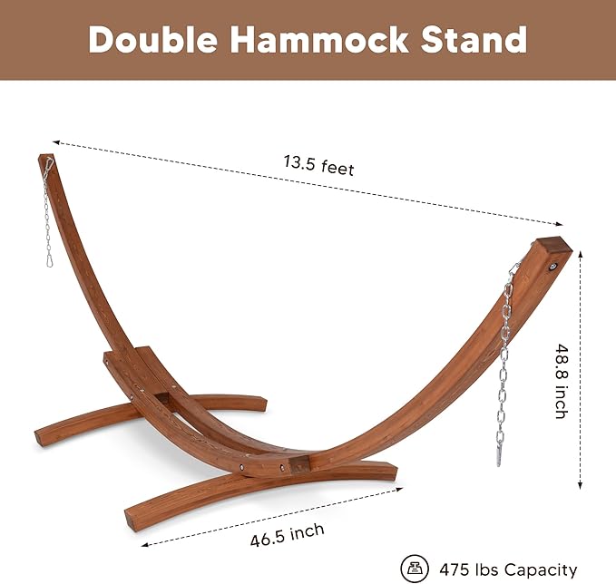 SUNCREAT 2 Person Hammocks for Outside with Stand Extra Large Double Hammock with Wooden Stand Brown