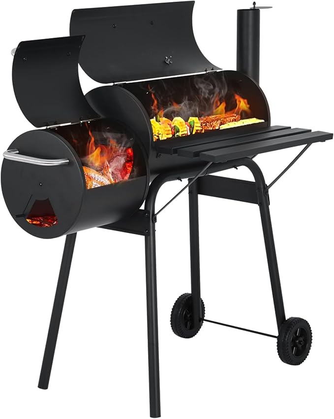 BLKMTY 43 Charcoal Grills Outdoor BBQ Grill with Offset Smoker Camping Portable Grill Camping Barbecue Grills with Side Fire Box for 6-10 People Patio Backyard Picnic BBQ Black