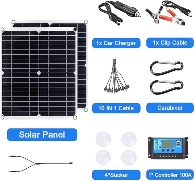 200W Solar Panel Kit 12V with 100A Solar Charge Controller and Extension Cable with Battery Clips for Boat Motorcycle Home Outdoor Lights RV Outdoor Camera Generators