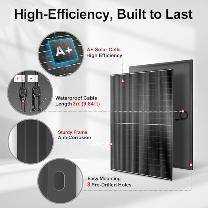 DOKIO 400W 31V Mono Solar Panel - Works for 12V/24V Systems Equipped with 9.84ft MC4 Wiring Perfect for Gardens Courtyards Greenhouses Sheds Terraces &amp Off-Grid Battery Charging