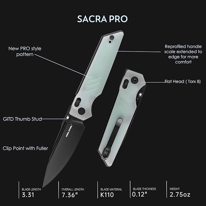 REALSTEEL SACRA Pro Pocket KnifeFolding KnifeCrossbar Lock3.31 Böhler K110 Steel BladeGlow-in-the-dark Thumb Stud Nail NickG10 Handle2.75ozClipEDC Outdoor IndoorGifts for Men Women Camping H