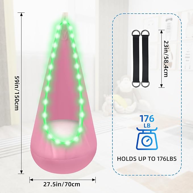 Light Up Swing Chair Hammock Chair Indoor Outdoor for Kids Pod with LED Lights Soft and Safe 176 lb. Load Capacity Easy Installation Perfect for Bedroom Garden and Playroom (Pink)
