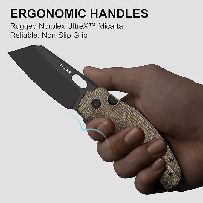 Kizer C01C 2.9 BS Sheepdog Pocket Knife 2.95 Elmax Sheepsfoot Blade Folding Knife with Brown Norplex UltreX™ Micarta Handle Small EDC Camping Survival Knives with Thumb Hole Ki3488.29BSA2