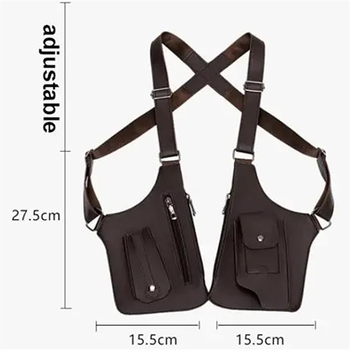 Double Shoulder Armpit Bag for Men 2 PCS Tactical Vest Bag PU Leather Man Chest Phone Pouch Vintage