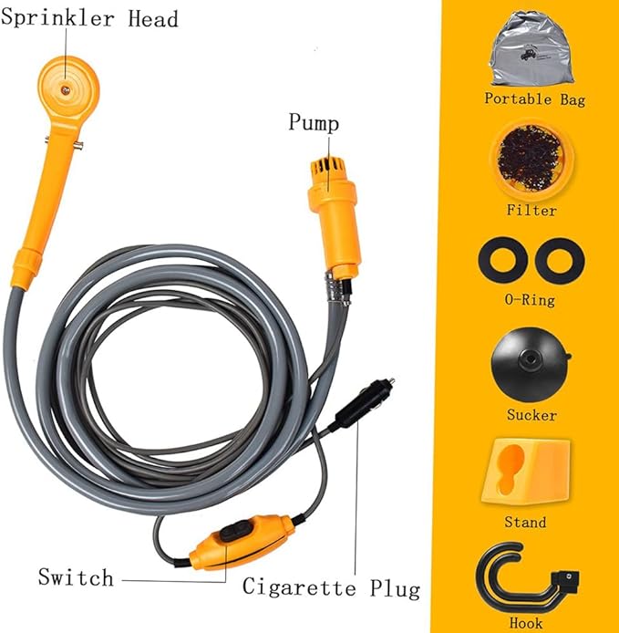 SIXRUN Portable Outdoor Shower Rechargeable Camping Shower with Water Proof Battery and Built in Filter 2m Water Pipe 4m Wire with Hook