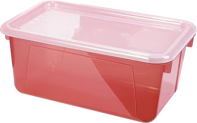 Storex Small Cubby Bins – Plastic Storage Containers for Classroom with Non-Snap Lid 12.2 x 7.8 x 5.1 inches Tint Red 5-Pack (62481A05C)