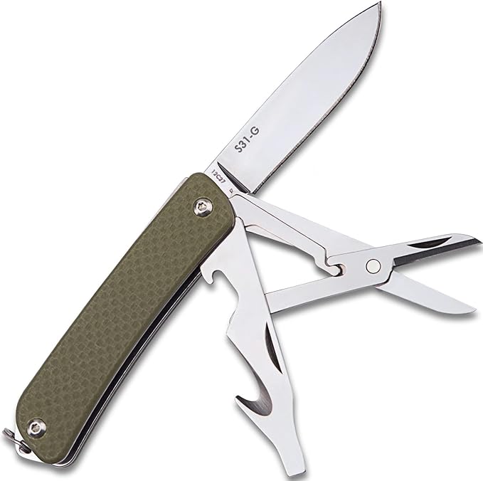 Ruike Keychain Small Pocket KnifeFolding 6 in 1 Multitool12C27 Steel StainlessG10 HandleMini EDC Tactical Camping Army Tac Survival Hunting GearKey Compact ScissorsScrewdriverBottle Opener Tool
