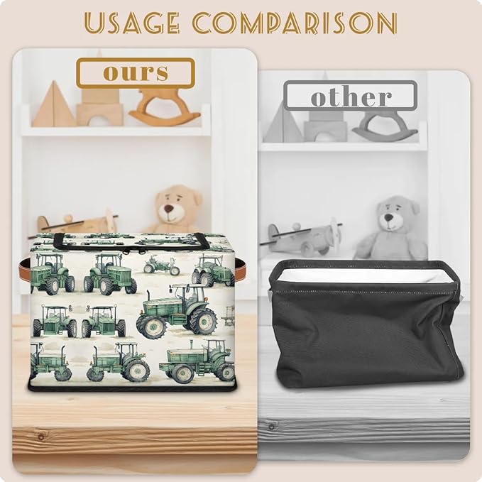 Tractor Truck Storage Bins with Zipper Lid Collapsible Fabric Storage Basket with Leather Handles Closet Shelf Cloth Organizer Basket for Nursery Bedroom Clothes Toy