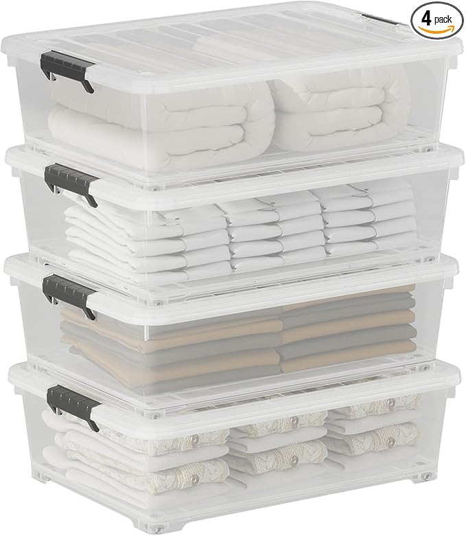 20 Quart Under Bed Storage Containers with Wheels – Clear Plastic Storage Bins with Lids 4-Pack Easy-Glide Wheeled Organizer for Closet Dorm &amp Seasonal Items
