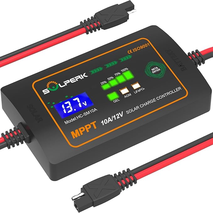 SOLPERK 10A 12V MPPT Solar Charge Controller with LCD Display Intelligent Solar Panel Controller Portable Solar Panel Regulator for Gel AGM Lead-Acid Lithium LiFePO4 Battery