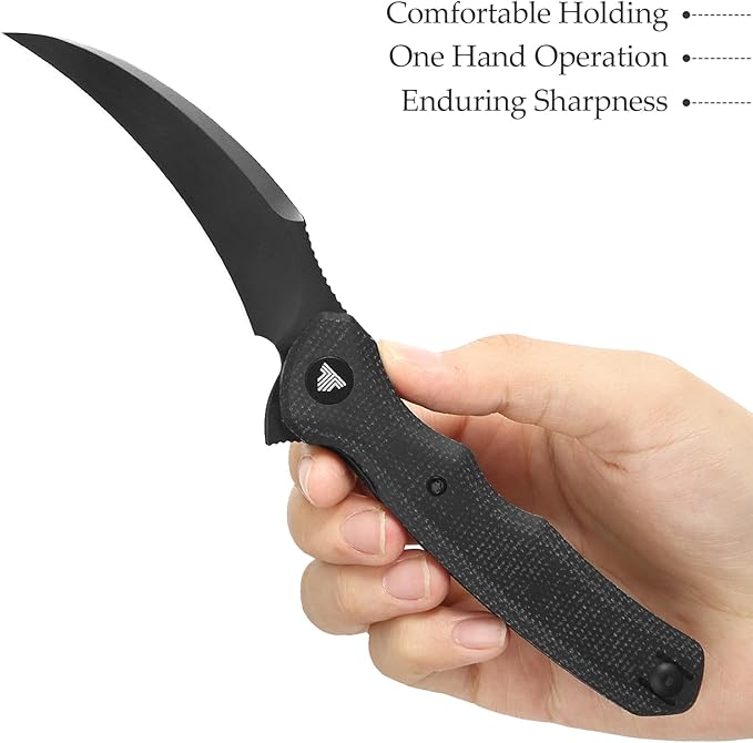 TRIVISA knives - Lacerta-04B |Hawkbill EDC Pocket Flipper Knife for Men Folding Pikal Knife with Reversible Wire Clip 3.34 PVD Blackwash 14C28N Steel Blade &amp Micarta Handle