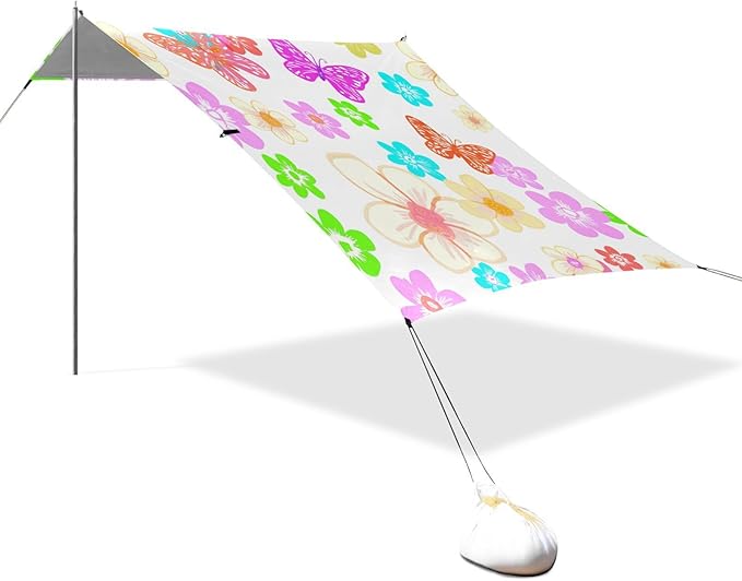 xigua Flowers and Butterflies Beach Tent Sun Shelter with Carrying Bag - Silver Coated Oxford Fabric Beach Canopy for Beach Camping Fishing - Includes Windproof Ropes Sandbags &amp Stakes
