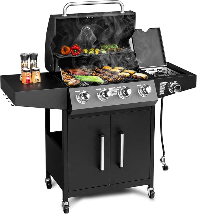 Bonnlo 4 Burner Propane Grills with Side Burner and Porcelain-Enameled Grates 58000BTU Gas Grill with Side Shelf and Portable Rolling Wheels Grill for Outdoor Cooking BBQ Patio Backyard