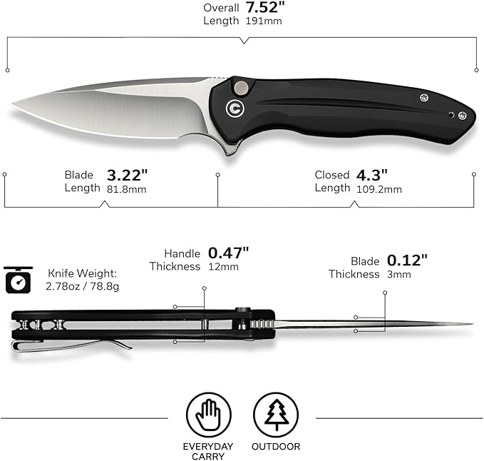 CIVIVI Kitefin EDC Pocket Knife 3.22“ 14C28N Drop Point Blade Folding Knife Aluminum Handle with Reversible Clip for Camping Hiking Hunting C24091-1 Black