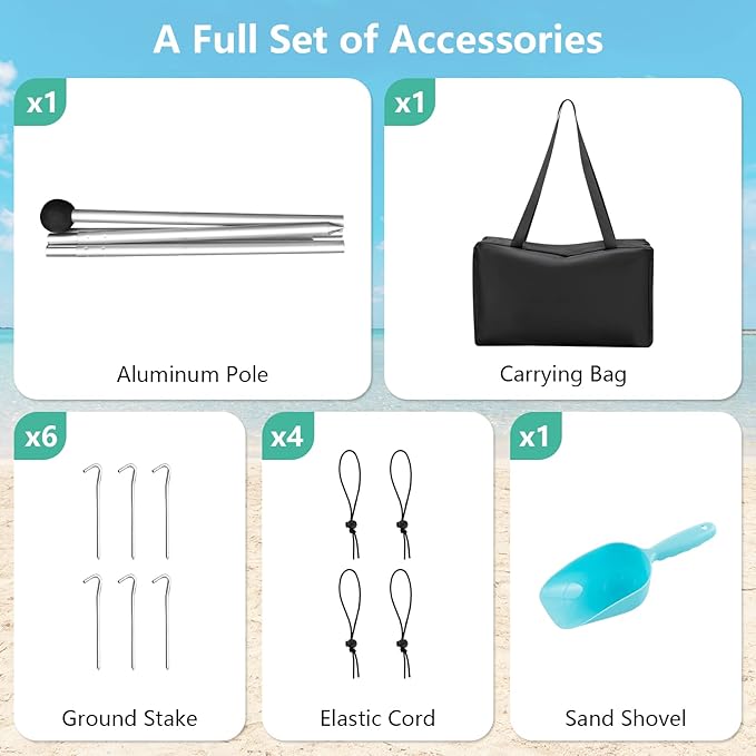 Tangkula Beach Canopy Tent UPF50+ Beach Sun Shade with Sand Shovel 6 Ground Pegs 6 Sandbags Supporting Pole Carry Bag Pop Up Beach Sun Shelter for Camping Fishing Trip