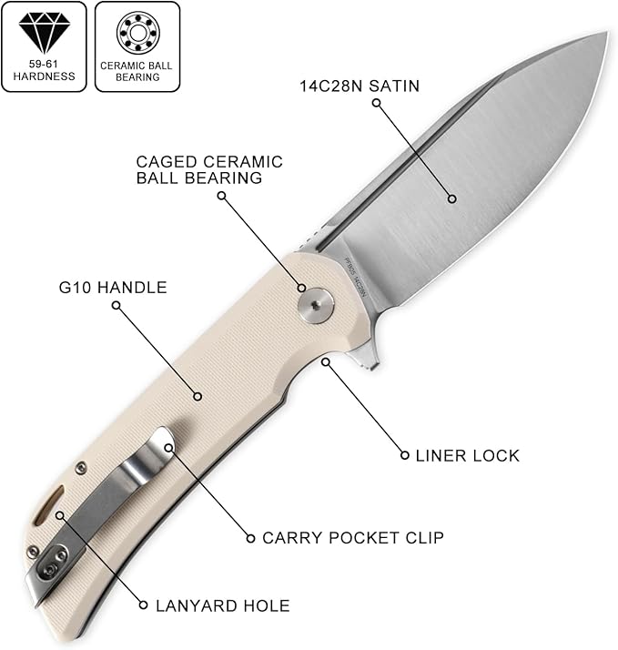 Petrified fish PFB05 Tunny Folding Knife3.86 14C28N Steel Satin Blade G10 Handle Folding knife for EDC Camping Outdoor (White Satin)