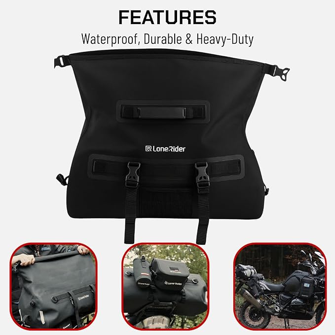 Lone Rider Waterproof Motorcycle Tail Bag 50L - Dustproof Roll Top Dry Bag ADV Motorbike Touring Luggage - 600D TPU Welded Seams Air Valve MOLLE Quick-Release Straps - Black