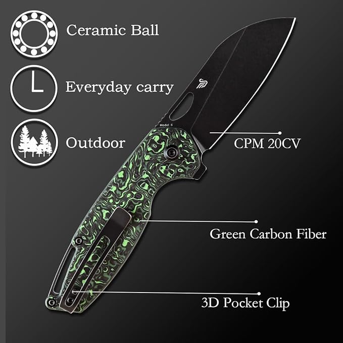 KANSEPT Model 6 Pocket Folding Knives EDC Camping Folding Knife 3.1'' Black Stonewashed CPM 20CV Material Pocket Folding Knife with Green Carbon Fiber Handle Everyday Carry K1022A5