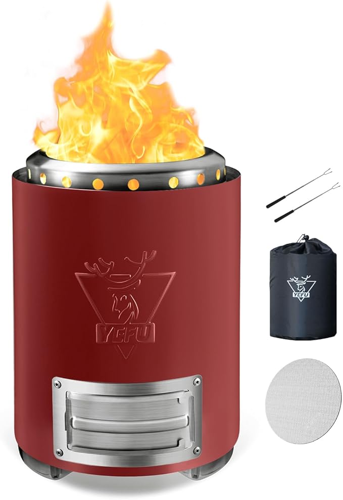 YEFU Tabletop Fire Pit 9.7 x 7.1 in Flame Intensity Control Camping Stove for Outdoor &amp Patio Fueled by Pellets or Wood Safe Burning Table Top Firepit with Travel Bag &amp 2 Mini Sticks Red