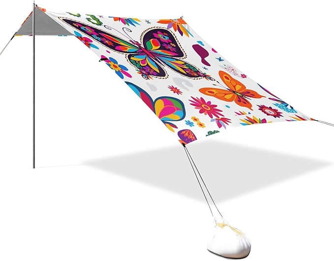 ALAZA Flower Butterfly Floral Boho Beach Tent Sun Shelter UPF50+ Protection Beach Shade Canopy w/ 4 Sandbags for Outdoor Camping Fishing Backyard Fun Picnic 10x9 ft
