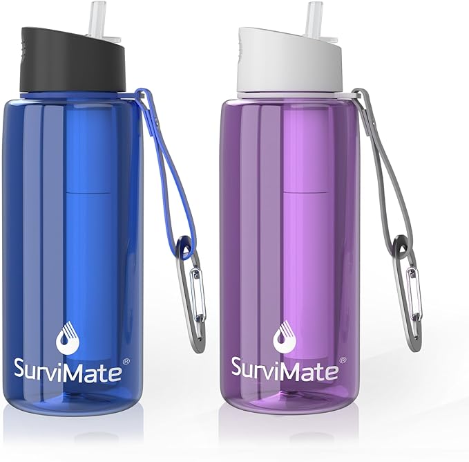 SurviMate Purified Water Bottle for Camping Hiking Backpacking and Travel BPA Free with 5-Stage Intergrated Filter Straw