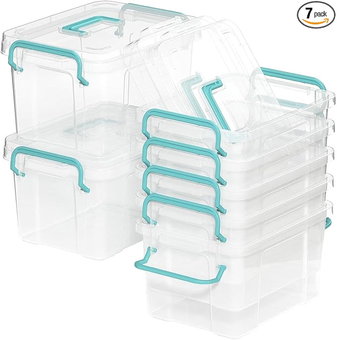 Set of 7 Pack Stackable Storage Bins with Handle Clear Plastic Container BoxPerfects for Snacks Tools CosmeticsToysGadgets Organizer (Set of 7 -Random Color)