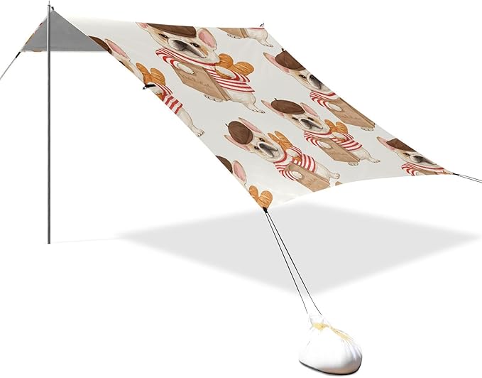 ALAZA Dogs French Bulldog Beret Beach Tent Sun Shelter UPF50+ Protection Beach Shade Canopy w/ 4 Sandbags for Outdoor Camping Fishing Backyard Fun Picnic 10x9 ft