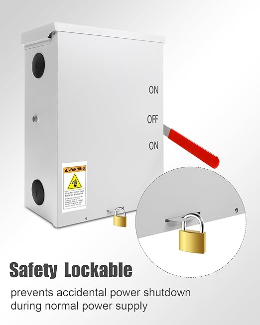 200 Amp Transfer Switch 3P 120/240V 48000W General-Duty Double-Throw Safety Switch Meeting NEMA 3R Standards for Outdoor and Indoor