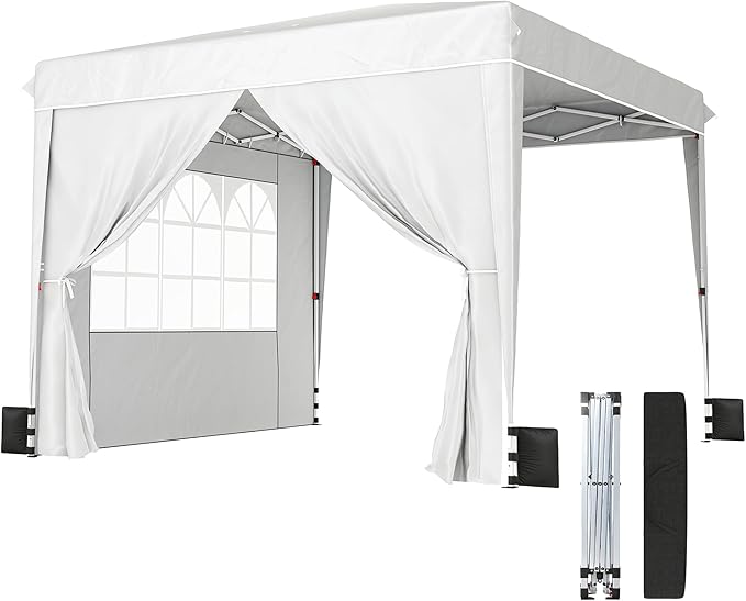 Outsunny 10 x 10 ft Pop Up Canopy Tent with Sidewalls UPF50+ Outdoor Portable Instant Canopy Shelter with Carry Bag Sandbags Adjustable Height for Parties Events Camping White