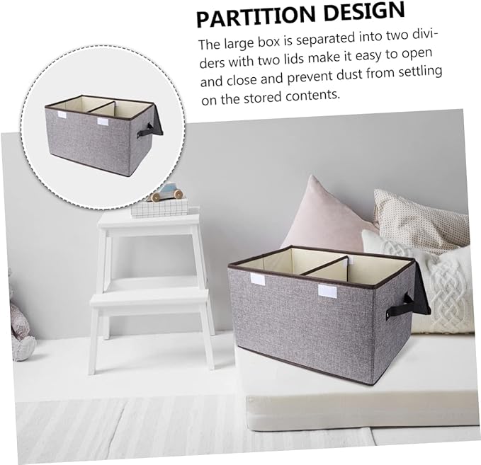 PRETYZOOM Foldable Fashion Storage Basket in Cotton Linen Double Lids Sturdy Collapsible Wardrobe Storage Box for Books Toys Magazines