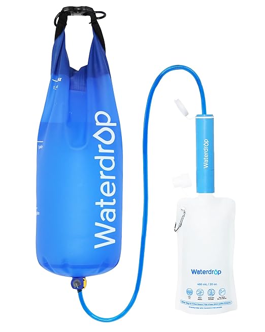 Waterdrop Gravity Water Filter Straw Camping Water Filtration System Water Purifier Survival for Travel Backpacking and Emergency Preparedness 1.5 gal Bag 5 Stage Filtration Pack of 1