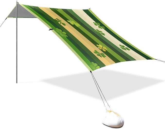 St Patrick's Clovers Stripes Beach Tent Sun Shelter Set UPF50+ UV Protection 10.5 x 9.19 FT Camping Shade Canopy with Sandbags Sand Anchors Carrying Bag and Others