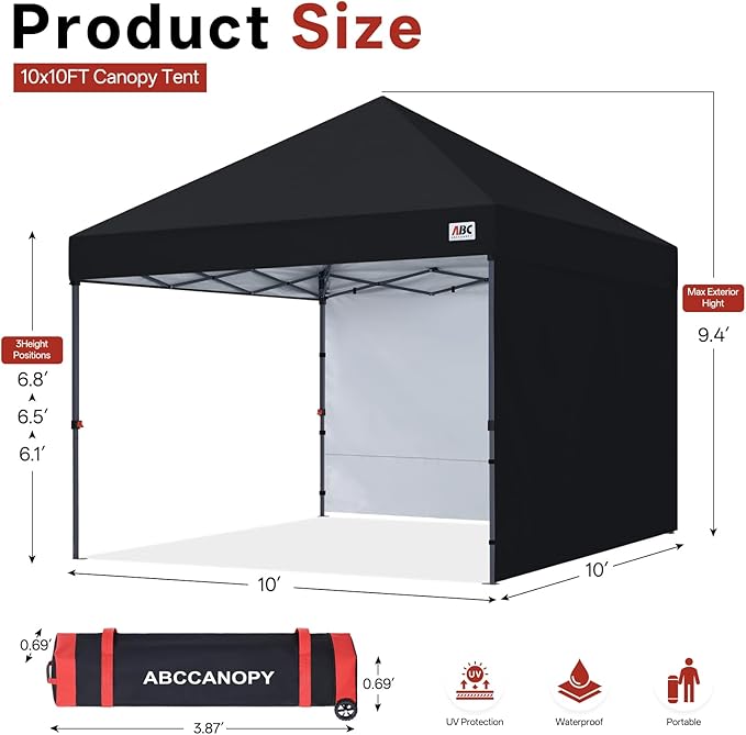 ABCCANOPY Easy Pop up Canopy Tent with 2 Sidewalls for Outdoor Sun Blocking or Rain Protection10x10 Black
