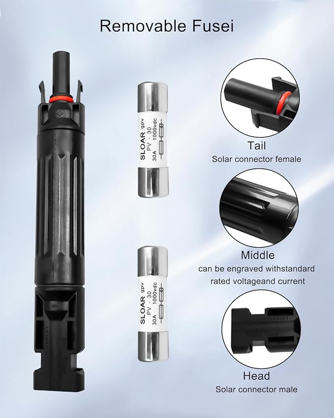 5 Pcs 30A Solar Fuse Holder Inline with Male and Female Connector for Solar Panel and Solar Controller IP68 Waterproof Solar Fuse Connector with 10 Fuse