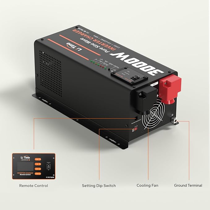 LiTime 3000W Inverter Charger Pure Sine Wave Inverter 12V DC to 120V AC 9000W Peak Power UPS Function 5A - 45A Adjustable Current LCD Remote Control for RV Home Backup Truck Boat